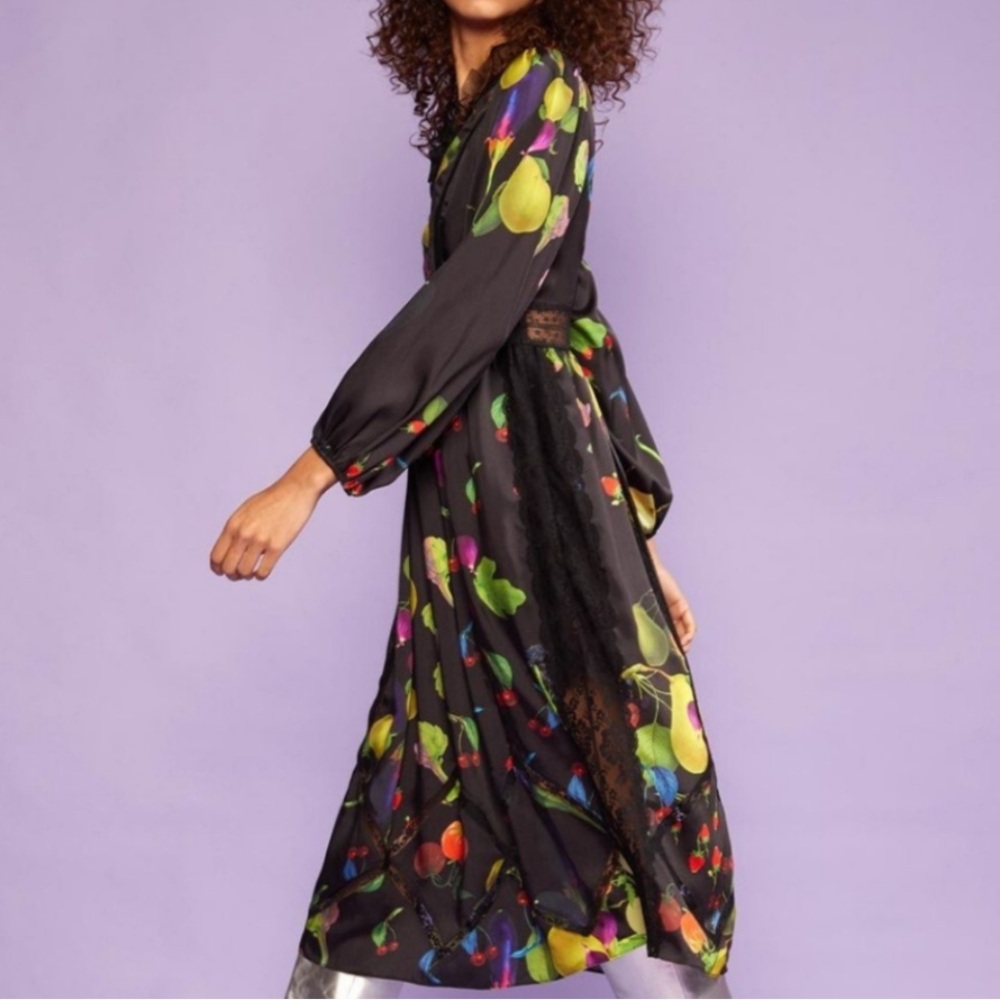 Cynthia Rowley Dress Krystal Black Lace-Trim Fruit Print Twill New with tags